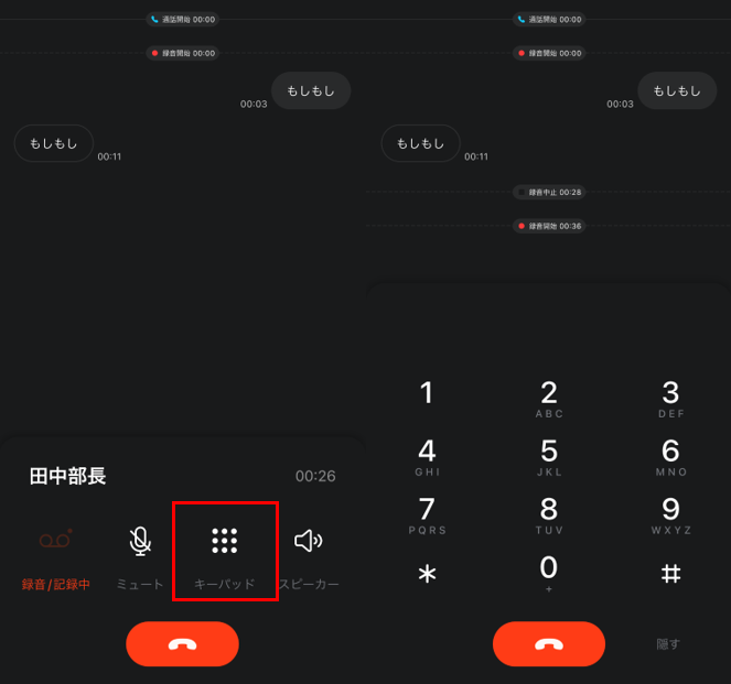 通話中キーパッド